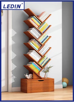 LEDIN 10-layer Wooden Bookshelf With Drawers Modern Book Storage Freestanding Tree Bookshelf, High Narrow Angle Bookshelf, Suitable For Home Office, Living Room, Bedroom (Brown)  - Image 1