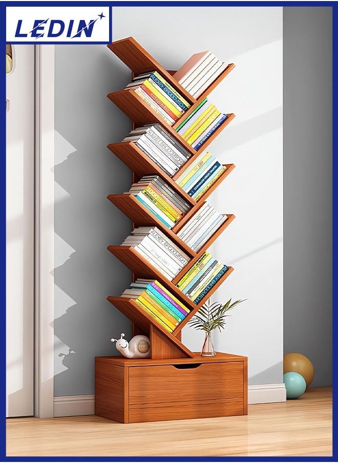 LEDIN - 10-layer Wooden Bookshelf With Drawers Modern Book Storage Freestanding Tree Bookshelf, High Narrow Angle Bookshelf, Suitable For Home Office, Living Room, Bedroom (Brown) - Image 1