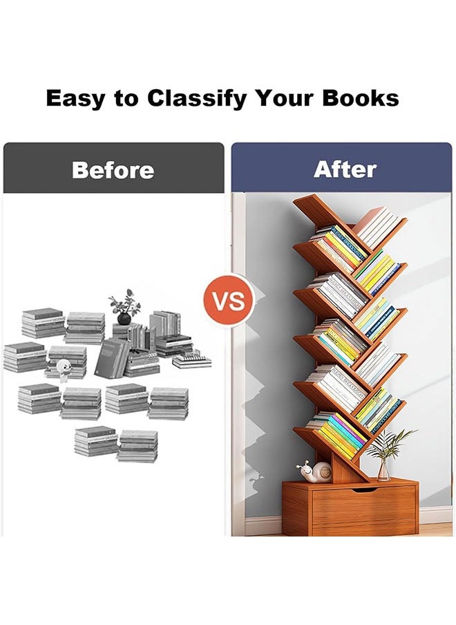 LEDIN - 10-layer Wooden Bookshelf With Drawers Modern Book Storage Freestanding Tree Bookshelf, High Narrow Angle Bookshelf, Suitable For Home Office, Living Room, Bedroom (Brown) - Image 1