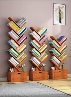 LEDIN 10-layer Wooden Bookshelf With Drawers Modern Book Storage Freestanding Tree Bookshelf, High Narrow Angle Bookshelf, Suitable For Home Office, Living Room, Bedroom (Brown)  - Image 3