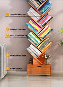 LEDIN 10-layer Wooden Bookshelf With Drawers Modern Book Storage Freestanding Tree Bookshelf, High Narrow Angle Bookshelf, Suitable For Home Office, Living Room, Bedroom (Brown)  - Image 2