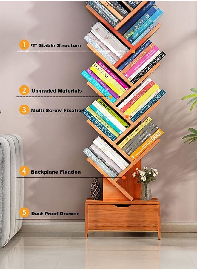 LEDIN - 10-layer Wooden Bookshelf With Drawers Modern Book Storage Freestanding Tree Bookshelf, High Narrow Angle Bookshelf, Suitable For Home Office, Living Room, Bedroom (Brown) - Image 1