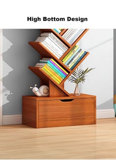 LEDIN 10-layer Wooden Bookshelf With Drawers Modern Book Storage Freestanding Tree Bookshelf, High Narrow Angle Bookshelf, Suitable For Home Office, Living Room, Bedroom (Brown)  - Image 4