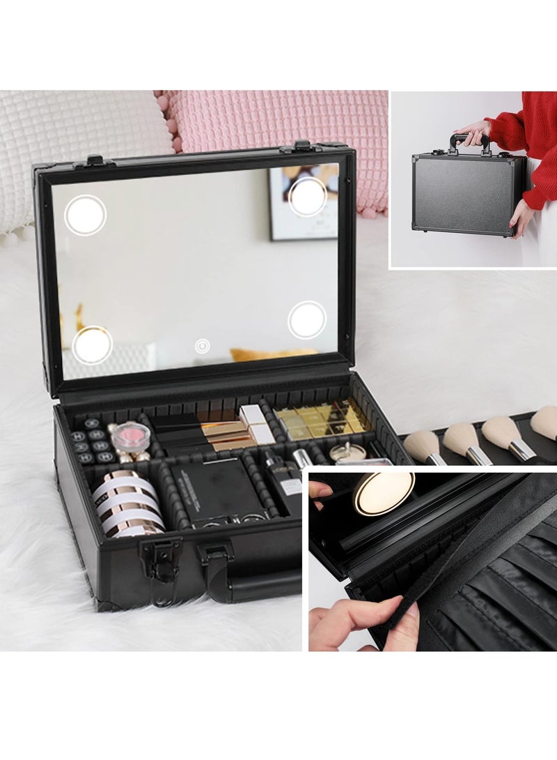 Arabest حقيبة أدوات تجميل مع مرآة وأضواء، لون أسود - Image 3