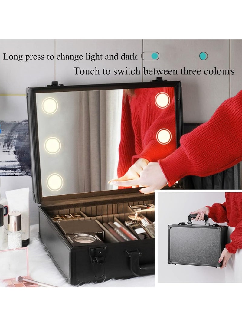 Arabest حقيبة أدوات تجميل مع مرآة وأضواء، لون أسود - Image 4