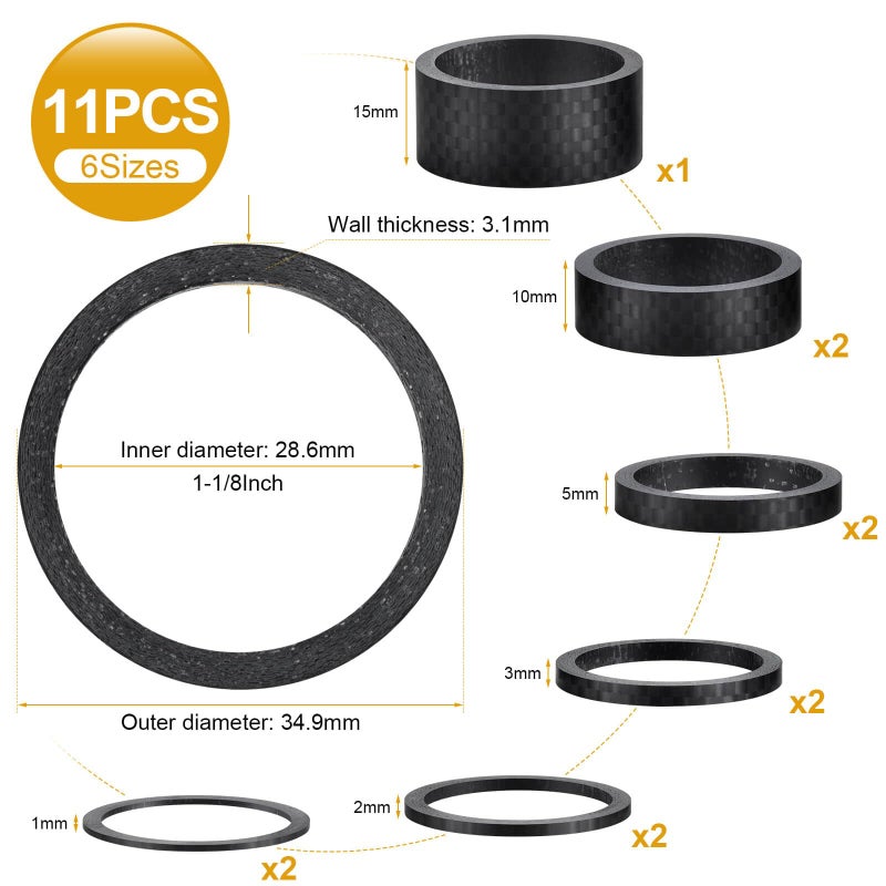 DSCMLIS 11PCS Bike Carbon Fiber Headset Spacers, Matte Finish, Fits 1-1/8 Inch Stem for MTB, Road Bicycle Handlebar Stems, (15/10/5/3/2/1mm) 6 Sizes - Image 2