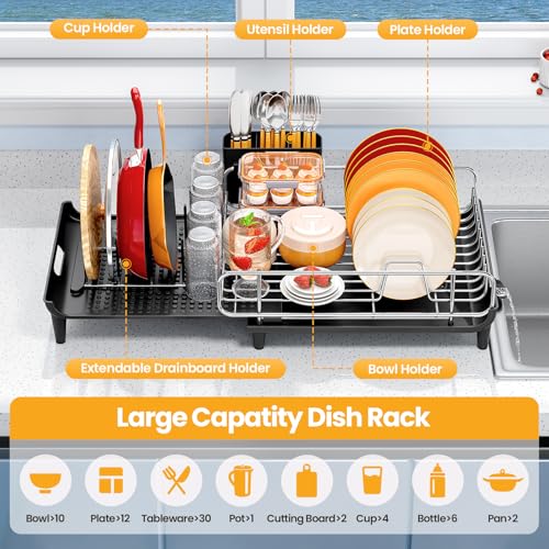 TOOLF Expandable Dish Rack Dish Drying Rack for Kitchen Counter Foldable Dish Dryer Rack Stainless Steel Dish Drainer Racks with Cutlery Holder Collapsible Dish Drying Racks Large SizeBlack - Image 3
