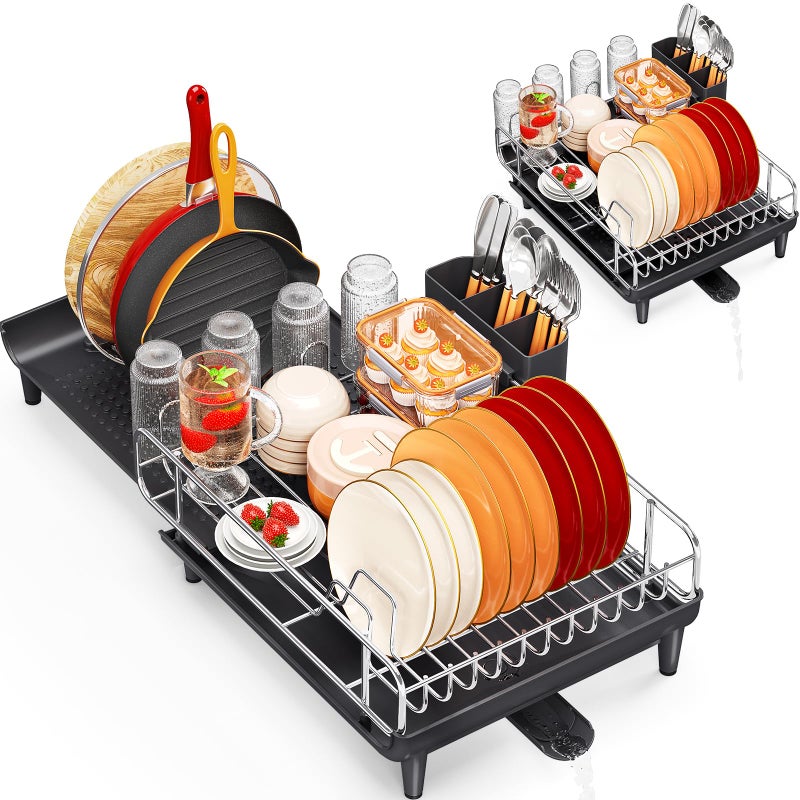 TOOLF Expandable Dish Rack Dish Drying Rack for Kitchen Counter Foldable Dish Dryer Rack Stainless Steel Dish Drainer Racks with Cutlery Holder Collapsible Dish Drying Racks Large SizeBlack - Image 2