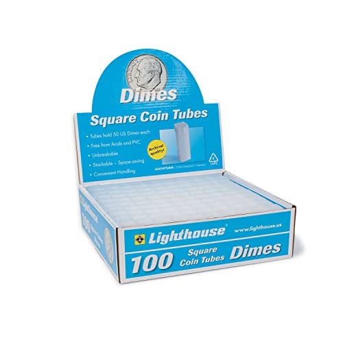 LIGHTHOUSE - Square Coin Tubes - Convenient Push Top, Virtually Unbreakable, Acid Free and Archival Quality - Coin Tubes for US Dimes, 100 Pack - Image 1