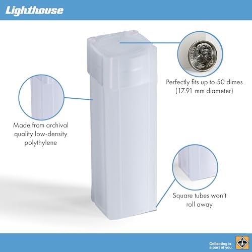 LIGHTHOUSE - Square Coin Tubes - Convenient Push Top, Virtually Unbreakable, Acid Free and Archival Quality - Coin Tubes for US Dimes, 100 Pack - Image 3