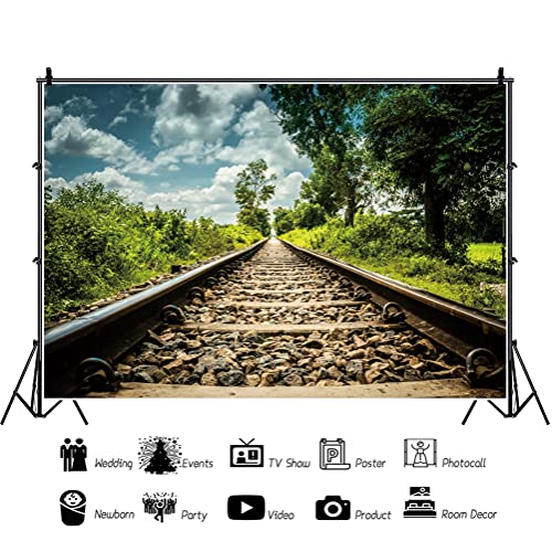 Eainb 7x5FT Spring background Train Track Background Green Tree Blue Sky and white Clouds for Photoshoot Nature Scenery Photography Background Artistic Portrait Photo Shoot Studio Props Video Drop Wallpaper - Image 2