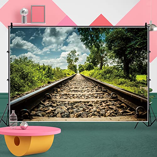 Eainb 7x5FT Spring background Train Track Background Green Tree Blue Sky and white Clouds for Photoshoot Nature Scenery Photography Background Artistic Portrait Photo Shoot Studio Props Video Drop Wallpaper - Image 5