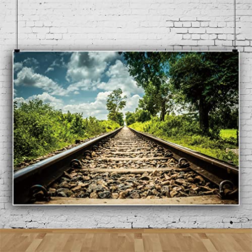 Eainb 7x5FT Spring background Train Track Background Green Tree Blue Sky and white Clouds for Photoshoot Nature Scenery Photography Background Artistic Portrait Photo Shoot Studio Props Video Drop Wallpaper - Image 3