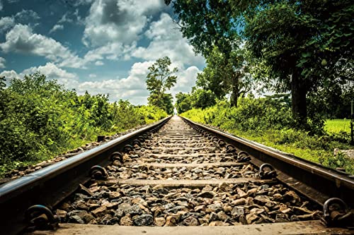 Eainb 7x5FT Spring background Train Track Background Green Tree Blue Sky and white Clouds for Photoshoot Nature Scenery Photography Background Artistic Portrait Photo Shoot Studio Props Video Drop Wallpaper - Image 4