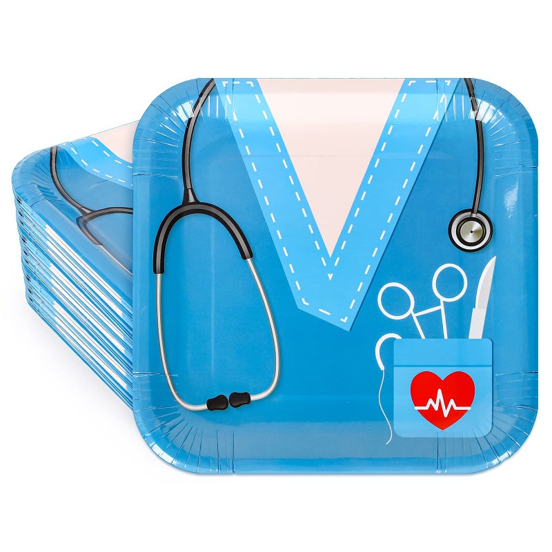 Whaline 40Pcs 2025 Nurse Graduation Paper Square Plates Disposable Plates With Doctor Uniform Stethoscope Pattern Blue White Tableware for Nurse Doctor Grad Party Table Decorations 93 x 93Inch