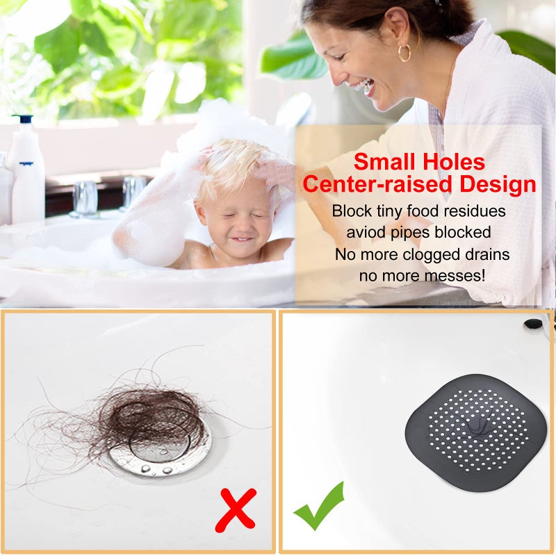 Bovinde Hair Drain Catcher Square Drain Cover For Shower Silicone Hair Stopper With Suction Cup Easy To Install Suit For Bathroom Bathtub Kitchen 2 Pack (Sliver Grey Black) - Image 3