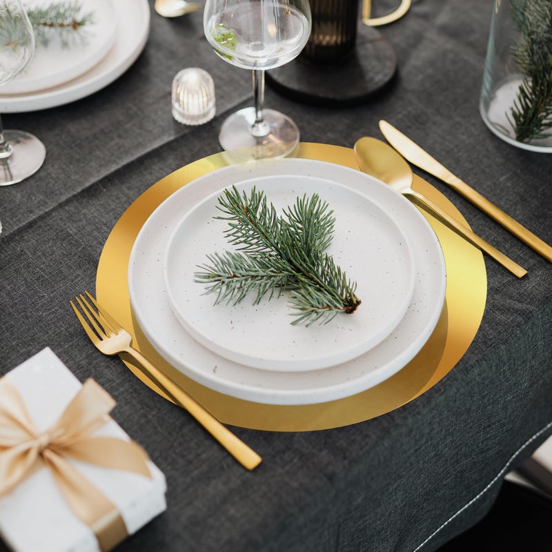 KesaPlan 100PCS Round Gold Placemats, 13" Disposable Paper Placemats for Dining Table, Mirrored Gold Charger Place Mat for Kitchen Banquet Table Setting Wedding Birthday Dinner Party Decor - Image 2