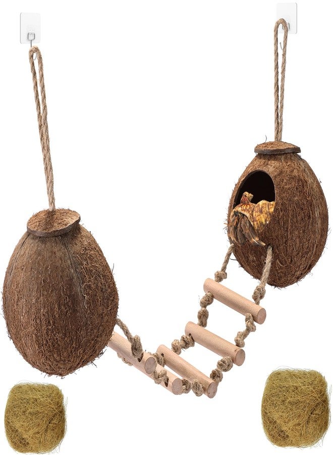 HERCOCCI Gecko Tank Accessories, Hermit Crab Toys Double Coconut Shell Natural Coconut Husk Hut with Climbing Ladder with Suction Cup for Leopard Gecko Snake Reptiles - Image 1