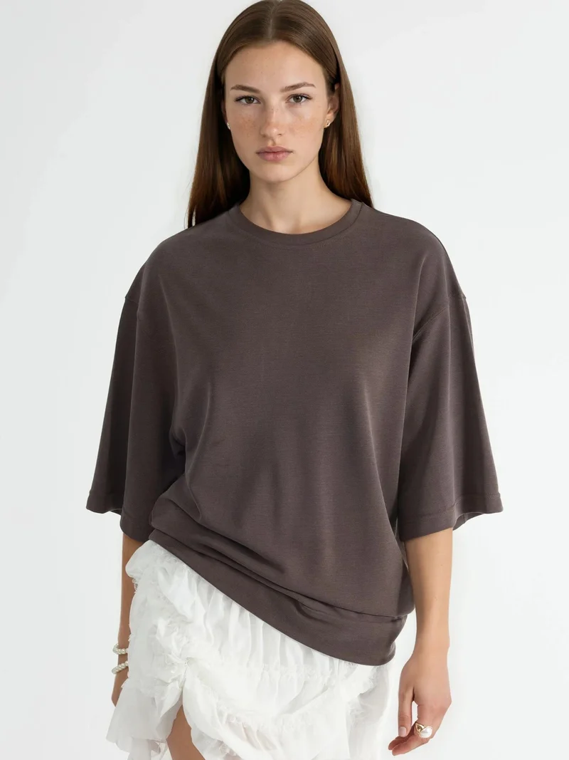 بوسيم BUSEM Oversized Ribbed Crop Blouse with Crew Neck