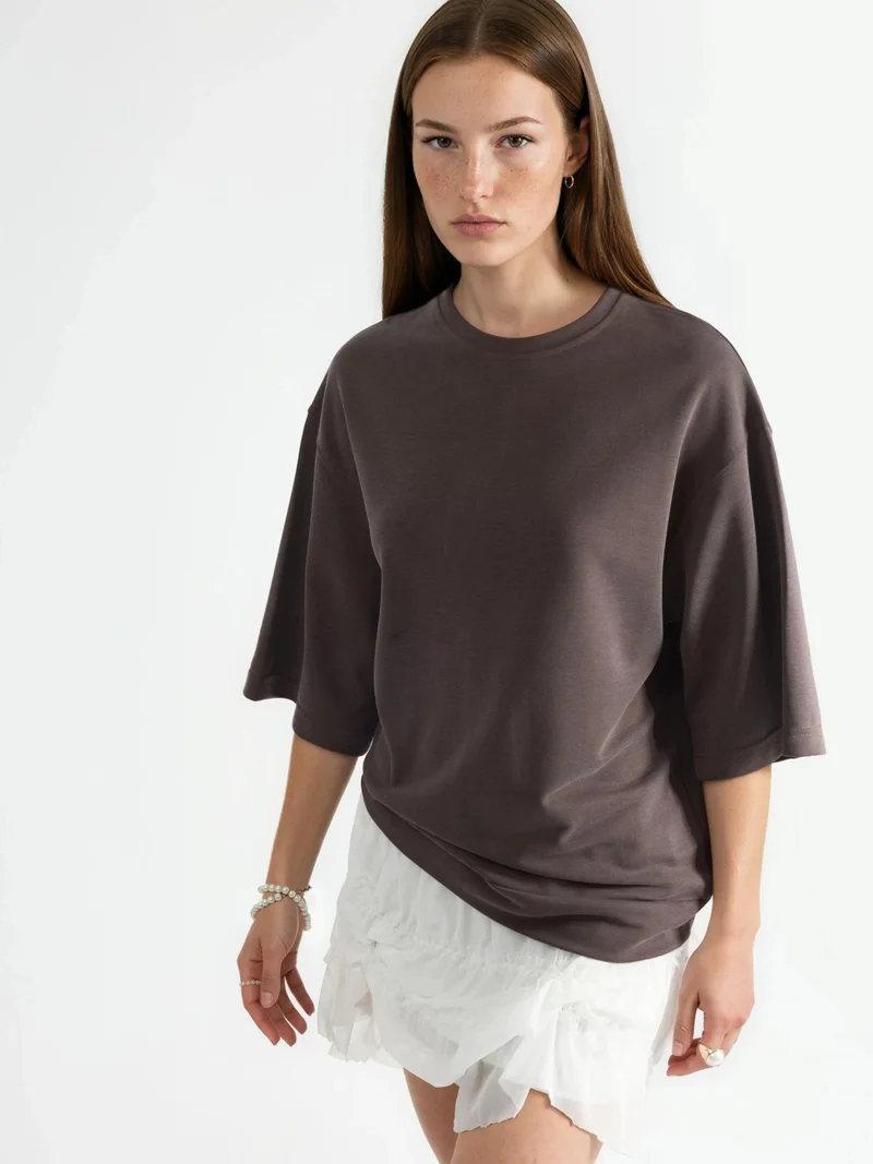 بوسيم BUSEM Oversized Ribbed Crop Blouse with Crew Neck