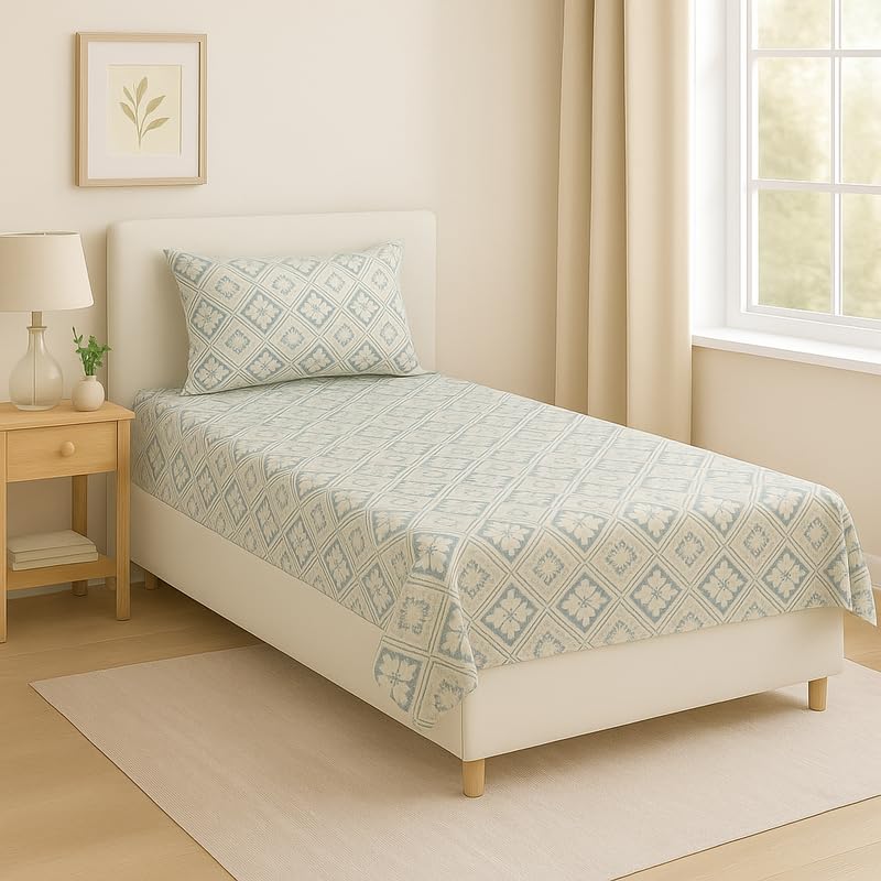 BSB HOME Flat Bedsheet for Single Bed with 1 Pillow Cover | Soft Touch Cotton | Comfortable & Durable | Size 90 x 60 Inch | Elegant Printed Bedding Set for Daily Use, Color - Grey and White - Image 1