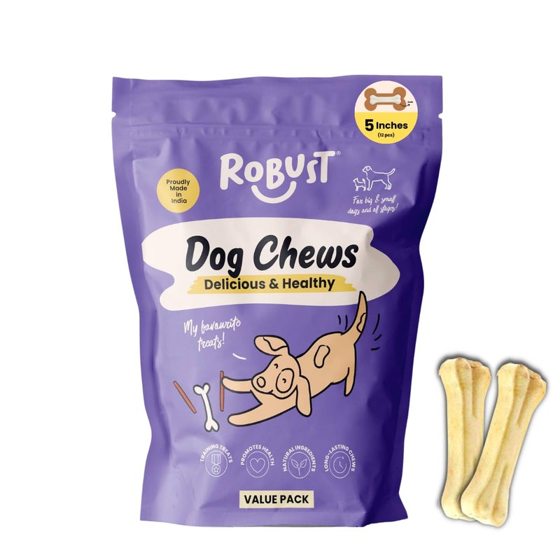 ROBUST Long Lasting All-Natural Dog Chew Bones - 5 inches (12units) | Premium Compressed Rawhide Chews for Small, Medium & Large Dogs | Healthy & Digestible Rawhide Bones to Improve Oral Health - Image 1