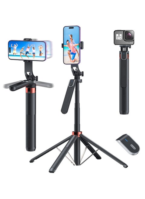 71 inch Extra Long Selfie Stick Tripod Anti-shake Selfie Stick with Balance Handle,Quadripod Stand with Rechargeable Bluetooth Remote for Mobile Phone, Selfie Stick Tripod with 1/4 Screw
