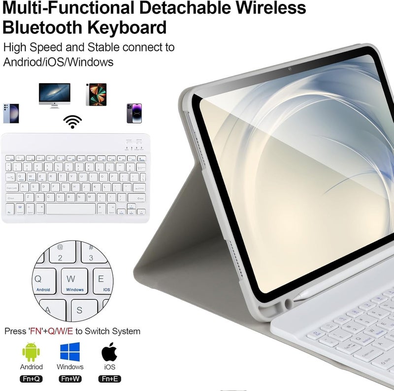 RTSY Keyboard Case for Samsung Galaxy Tab A11+ / A11 Plus 2025 (11 Inch) & A9+/ A9 Plus 2023 (11 inch) with Multi Viewing Angle, Wireless Detachable Folio KB Cover with S Pen Holder-Grey/White - Image 3
