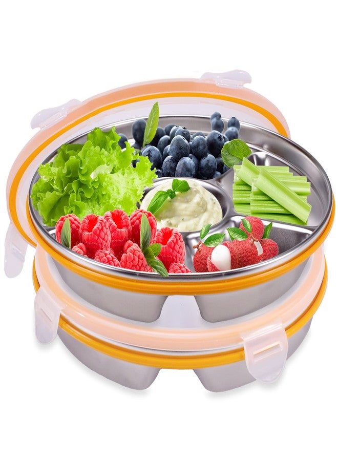 ASTIMESA Divided Serving Tray with Lid 6 Compartments, 10.4 Inch Round Vegetable Veggie Tray, Reusable Snack Box Container Fruit Platter Tray for Parties Fridge Food Storage Picnic (2 pcs) - Image 1