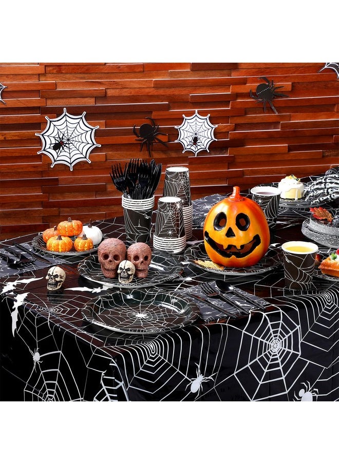 Mimorou - 214 Pieces Halloween Party Tableware Set Spider Web Plates Cups Table Covers Banner Party Decorations For Birthdays Happy Halloween Eve Decor Themed Cocktail Party Home Decoration - Image 1