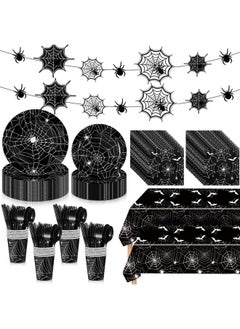 214 Pieces Halloween Party Tableware Set Spider Web Plates Cups Table Covers Banner Party Decorations For Birthdays Happy Halloween Eve Decor Themed Cocktail Party Home Decoration