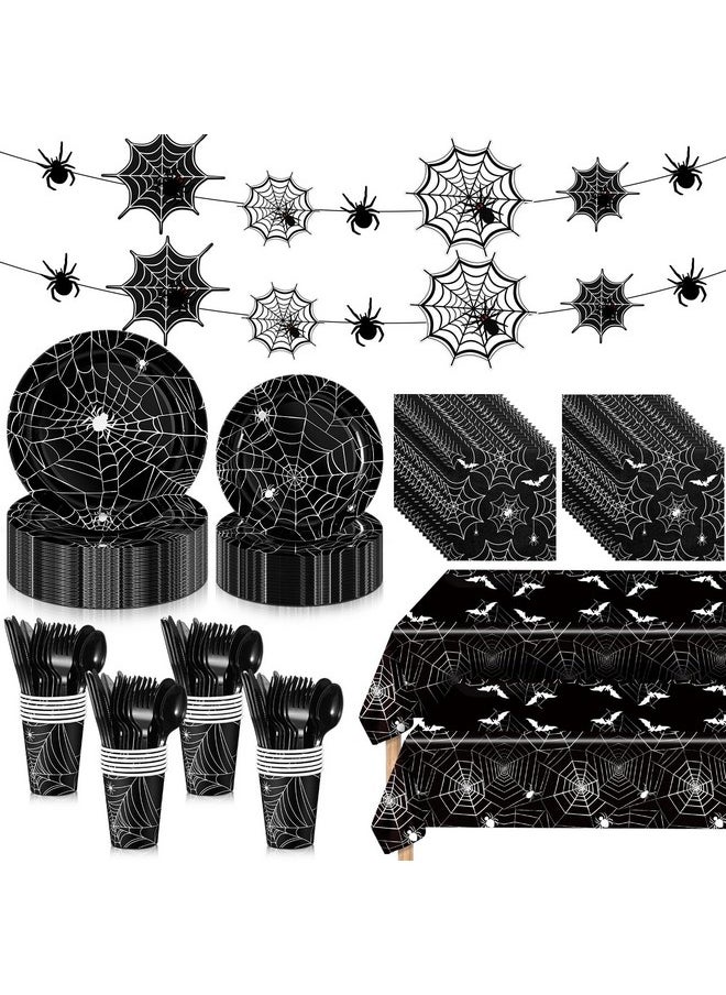 Mimorou - 214 Pieces Halloween Party Tableware Set Spider Web Plates Cups Table Covers Banner Party Decorations For Birthdays Happy Halloween Eve Decor Themed Cocktail Party Home Decoration - Image 1