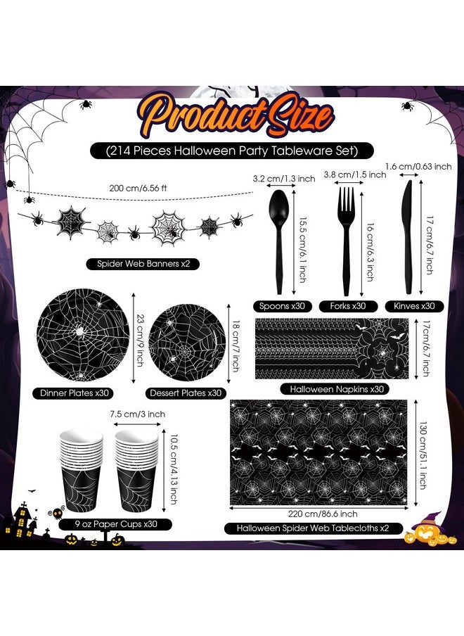 Mimorou - 214 Pieces Halloween Party Tableware Set Spider Web Plates Cups Table Covers Banner Party Decorations For Birthdays Happy Halloween Eve Decor Themed Cocktail Party Home Decoration - Image 1