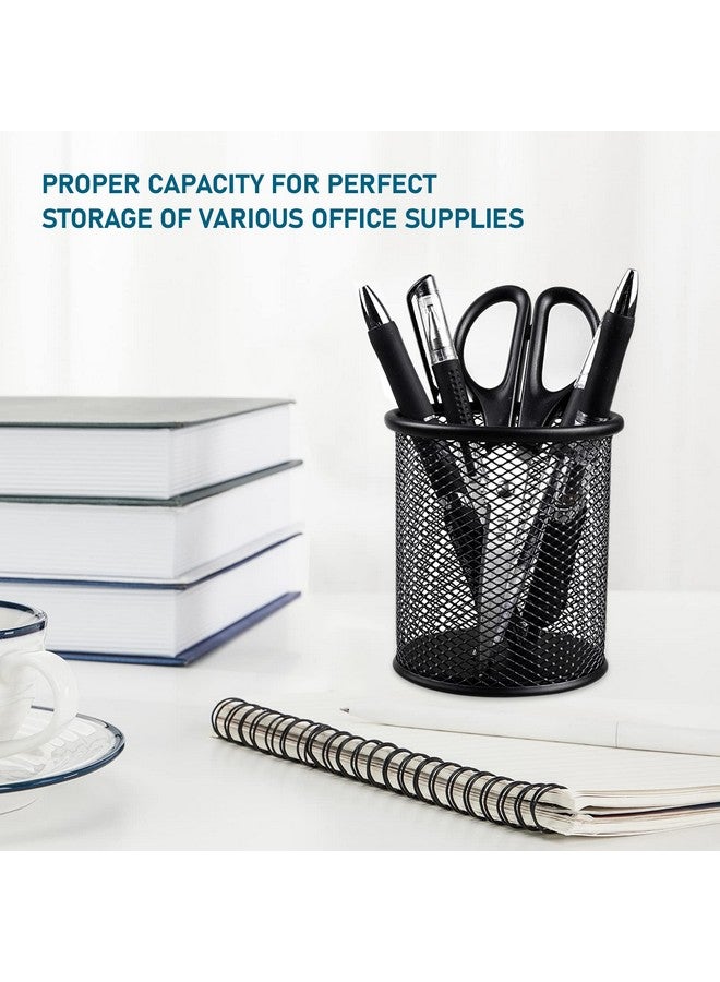 QYH Mesh Pen Cup Metal Pencil Holder For Desk 6 Packs Black Pen Organizer Office 3.54X3.93 Inch  - Image 2