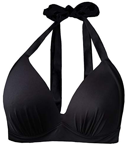 Balasami Women's Vintage 50s Halter Neck Tie Knot Back Soft Molded Padding Bikini Top Swimsuit Bathing Suit Tops Only Black - Image 1