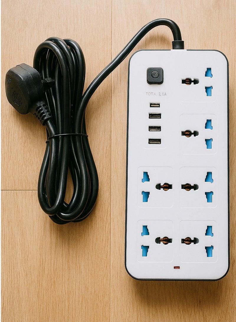 PowerMax Powermax 10-in-1 Power Socket Extension Plug – 2500W Power Strip Extension with 6 AC Outlets + 3 USB + 1 PD Type-C | 3.4A Auto-ID Charging | Anti-Static Protection | 5M Extension Cord – White | Includes Anti-Static Protection & 5000mm Heavy-Duty Cord for Safe, Efficient Charging  - Image 1