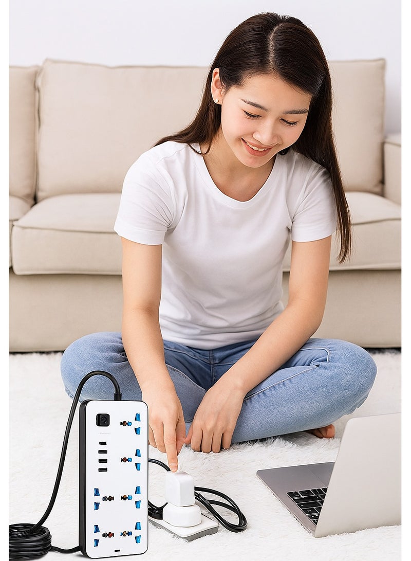 PowerMax Powermax 10-in-1 Power Socket Extension Plug – 2500W Power Strip Extension with 6 AC Outlets + 3 USB + 1 PD Type-C | 3.4A Auto-ID Charging | Anti-Static Protection | 5M Extension Cord – White | Includes Anti-Static Protection & 5000mm Heavy-Duty Cord for Safe, Efficient Charging  - Image 2
