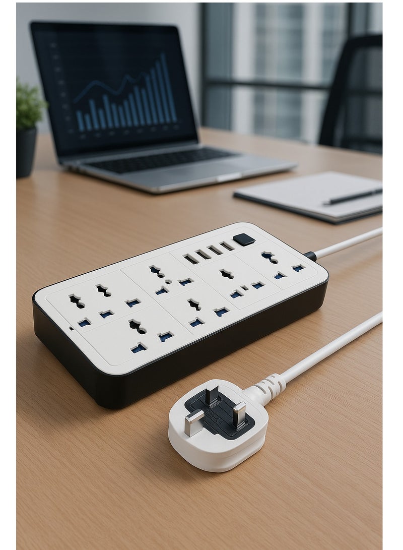 PowerMax Powermax 10-in-1 Power Socket Extension Plug – 2500W Power Strip Extension with 6 AC Outlets + 3 USB + 1 PD Type-C | 3.4A Auto-ID Charging | Anti-Static Protection | 5M Extension Cord – White | Includes Anti-Static Protection & 5000mm Heavy-Duty Cord for Safe, Efficient Charging  - Image 3