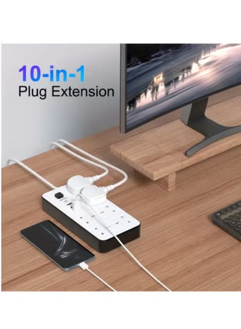 PowerMax Powermax 10-in-1 Power Socket Extension Plug – 2500W Power Strip Extension with 6 AC Outlets + 3 USB + 1 PD Type-C | 3.4A Auto-ID Charging | Anti-Static Protection | 5M Extension Cord – White | Includes Anti-Static Protection & 5000mm Heavy-Duty Cord for Safe, Efficient Charging  - Image 4