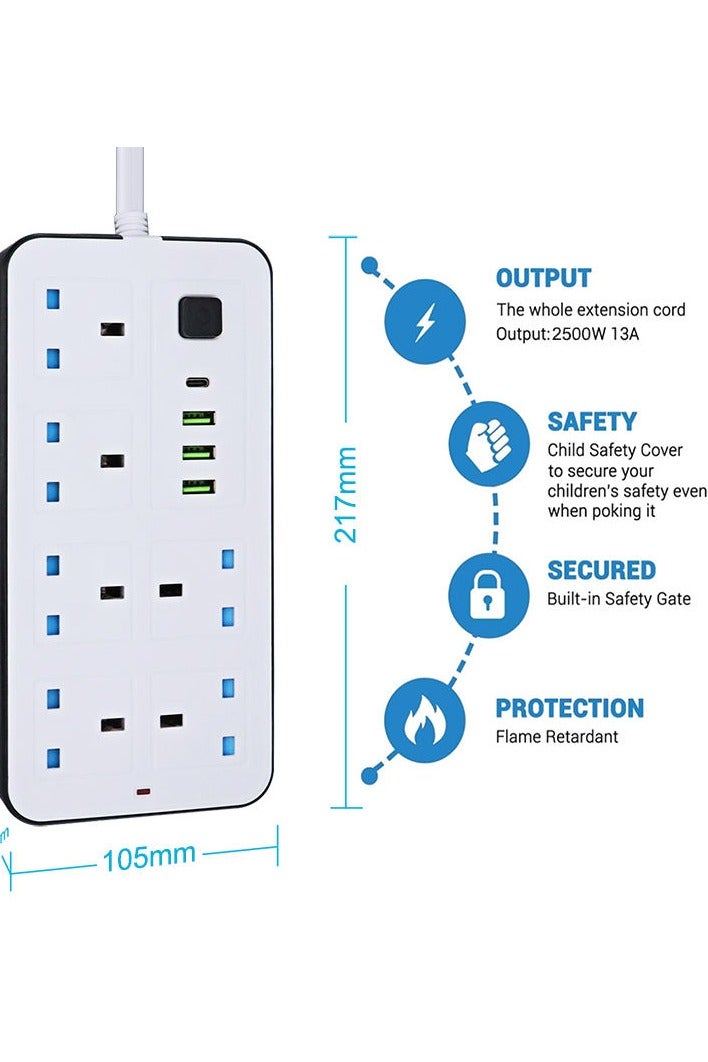PowerMax Powermax 10-in-1 Power Socket Extension Plug – 2500W Power Strip Extension with 6 AC Outlets + 3 USB + 1 PD Type-C | 3.4A Auto-ID Charging | Anti-Static Protection | 5M Extension Cord – White | Includes Anti-Static Protection & 5000mm Heavy-Duty Cord for Safe, Efficient Charging - Image 4