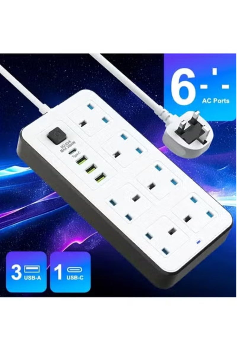 PowerMax Powermax 10-in-1 Power Socket Extension Plug – 2500W Power Strip Extension with 6 AC Outlets + 3 USB + 1 PD Type-C | 3.4A Auto-ID Charging | Anti-Static Protection | 5M Extension Cord – White | Includes Anti-Static Protection & 5000mm Heavy-Duty Cord for Safe, Efficient Charging - Image 2