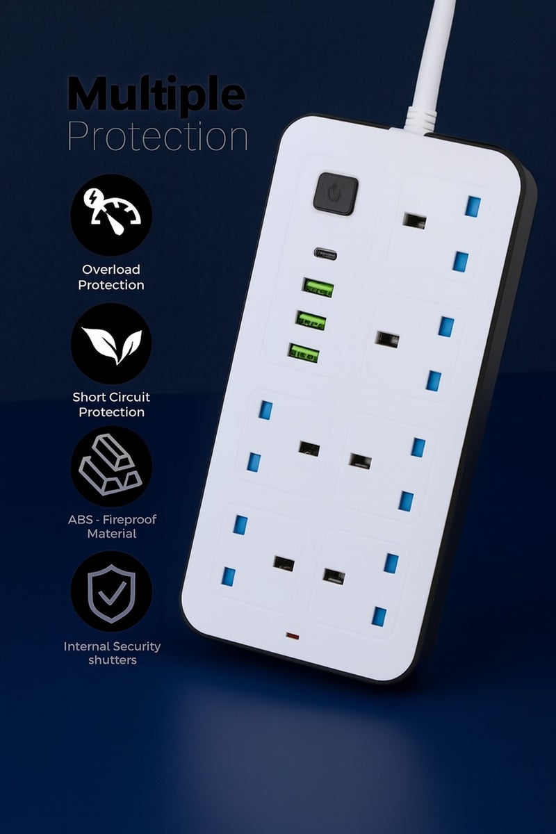 PowerMax Powermax 10-in-1 Power Socket Extension Plug – 2500W Power Strip Extension with 6 AC Outlets + 3 USB + 1 PD Type-C | 3.4A Auto-ID Charging | Anti-Static Protection | 5M Extension Cord – White | Includes Anti-Static Protection & 5000mm Heavy-Duty Cord for Safe, Efficient Charging - Image 5