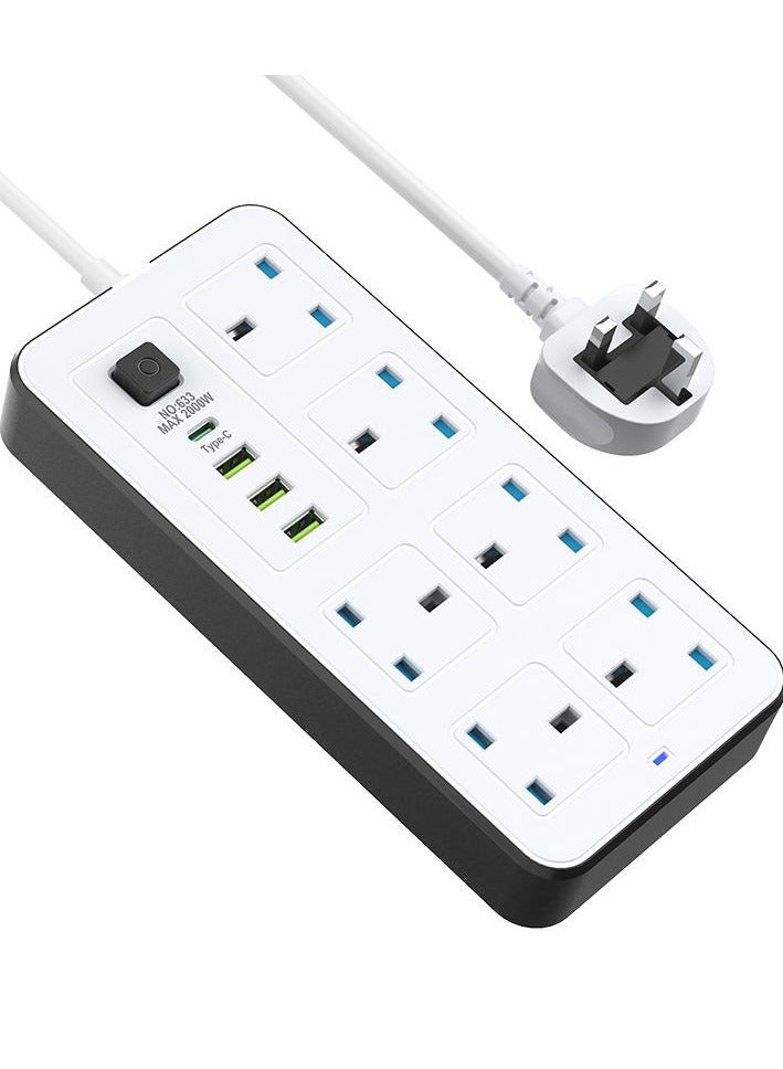 Powermax Power Socket Extension Plug – 2500W Power Strip Extension with 6 AC Outlets + 3 USB + 1 PD Type-C | 3.4A Auto-ID Charging | Anti-Static Protection | 5M Extension Cord – White | Includes Anti-Static Protection & 5000mm Heavy-Duty Cord for Safe, Efficient Charging - Image 1