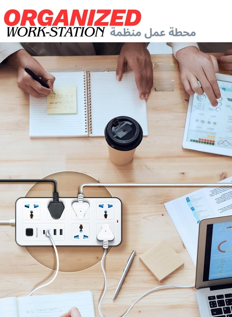 Powermax Socket Extension Cord – 2500W Power Strip Extension Wire 5 meter with 6 AC Outlets + 3 USB + 1 PD Type-C | 3.4A Auto-ID Charging | Anti-Static Protection | White | Includes Anti-Static Protection Heavy-Duty Cable for Safe, Efficient Charging - Image 3