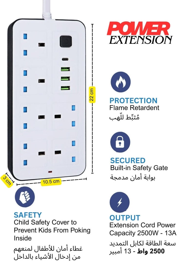 Powermax Socket Extension Cord – 2500W Power Strip Extension Wire 5 meter with 6 AC Outlets + 3 USB + 1 PD Type-C | 3.4A Auto-ID Charging | Anti-Static Protection | White | Includes Anti-Static Protection Heavy-Duty Cable for Safe, Efficient Charging - Image 4