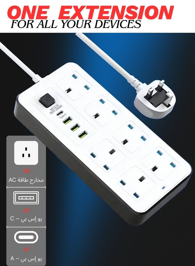 Labra توصيله كهربائيه 5 متر باور- شريط طاقة ٢٥٠٠ واط مع ٦ منافذ تيار متردد + ٣ منافذ USB + منفذ PD من النوع C | شحن تلقائي ٣.٤ أمبير | حماية من الكهرباء الساكنة | - أبيض | وصلة مشترك كهرباء الساكنة وسلكًا متينًا لشحن آمن وفعال - Image 2