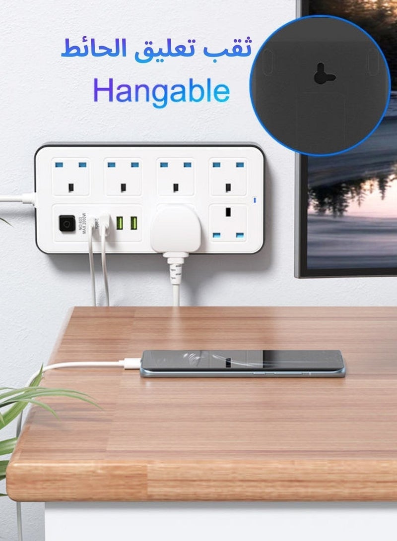 Labra توصيله كهربائيه 5 متر باور- شريط طاقة ٢٥٠٠ واط مع ٦ منافذ تيار متردد + ٣ منافذ USB + منفذ PD من النوع C | شحن تلقائي ٣.٤ أمبير | حماية من الكهرباء الساكنة | - أبيض | وصلة مشترك كهرباء الساكنة وسلكًا متينًا لشحن آمن وفعال - Image 4