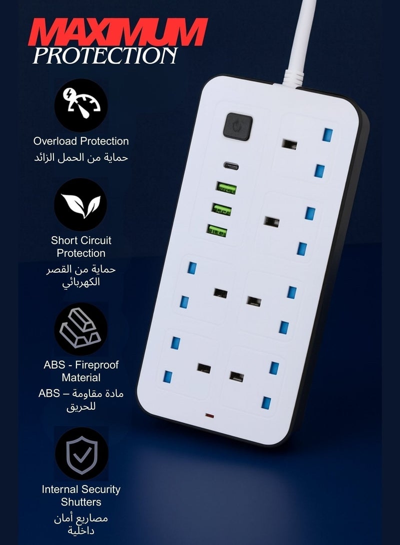 Labra توصيله كهربائيه 5 متر باور- شريط طاقة ٢٥٠٠ واط مع ٦ منافذ تيار متردد + ٣ منافذ USB + منفذ PD من النوع C | شحن تلقائي ٣.٤ أمبير | حماية من الكهرباء الساكنة | - أبيض | وصلة مشترك كهرباء الساكنة وسلكًا متينًا لشحن آمن وفعال - Image 3
