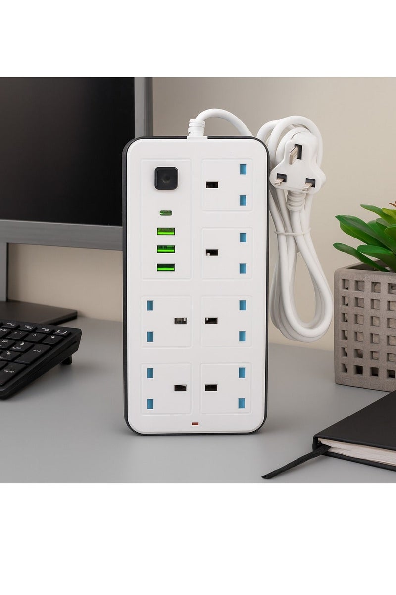 Labra توصيله كهربائيه 5 متر باور- شريط طاقة ٢٥٠٠ واط مع ٦ منافذ تيار متردد + ٣ منافذ USB + منفذ PD من النوع C | شحن تلقائي ٣.٤ أمبير | حماية من الكهرباء الساكنة | - أبيض | وصلة مشترك كهرباء الساكنة وسلكًا متينًا لشحن آمن وفعال - Image 5