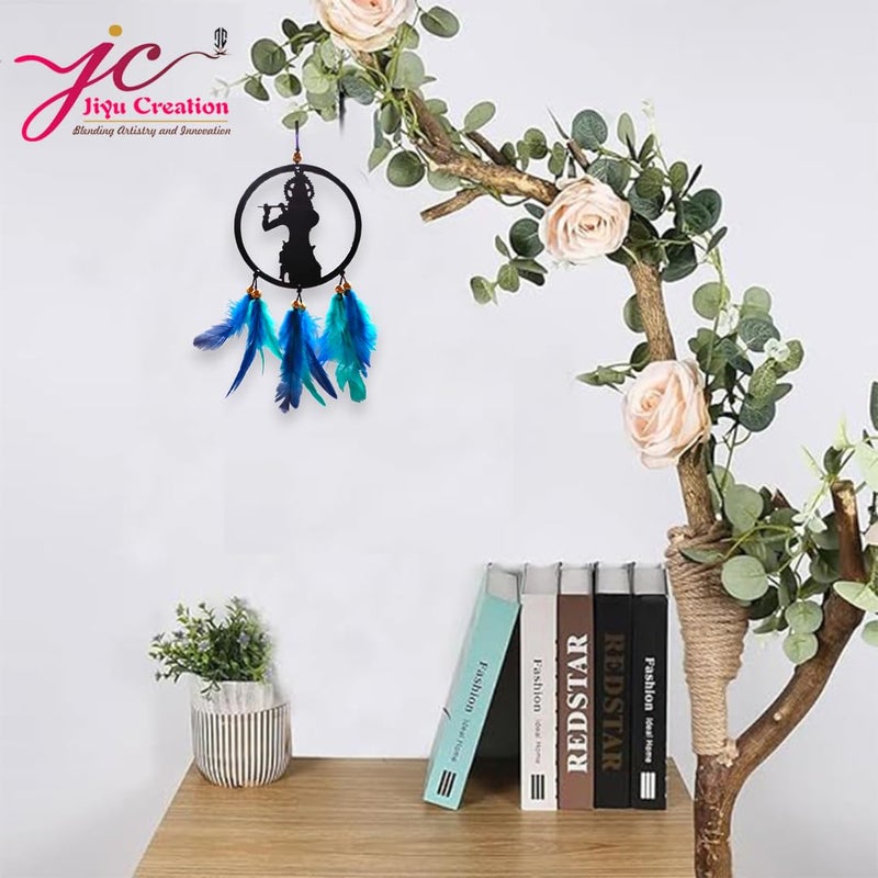 Jiyu Creation زخرفة سيارة معلقة من جيو كريشن كريشنا فلوت كاتشر للأحلام لطاقة إيجابية سحر مرآة الرؤية الخلفية ديكور منزلي ومعبد أكريليك متين مع ريش أصلي - Image 2